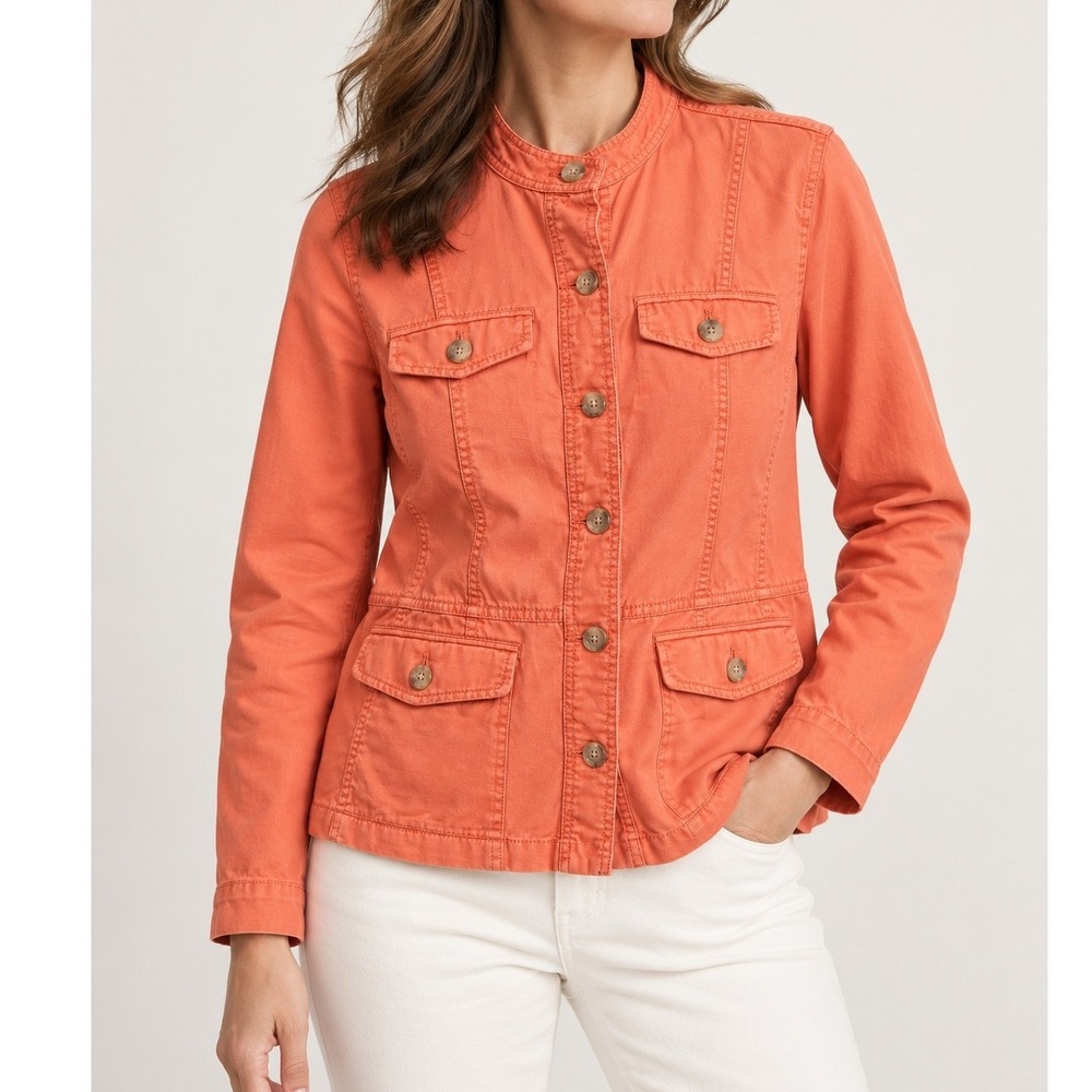 Talbots Womens Orange Cotton Utility Jacket Mock Neck Button Front Pockets Sz M